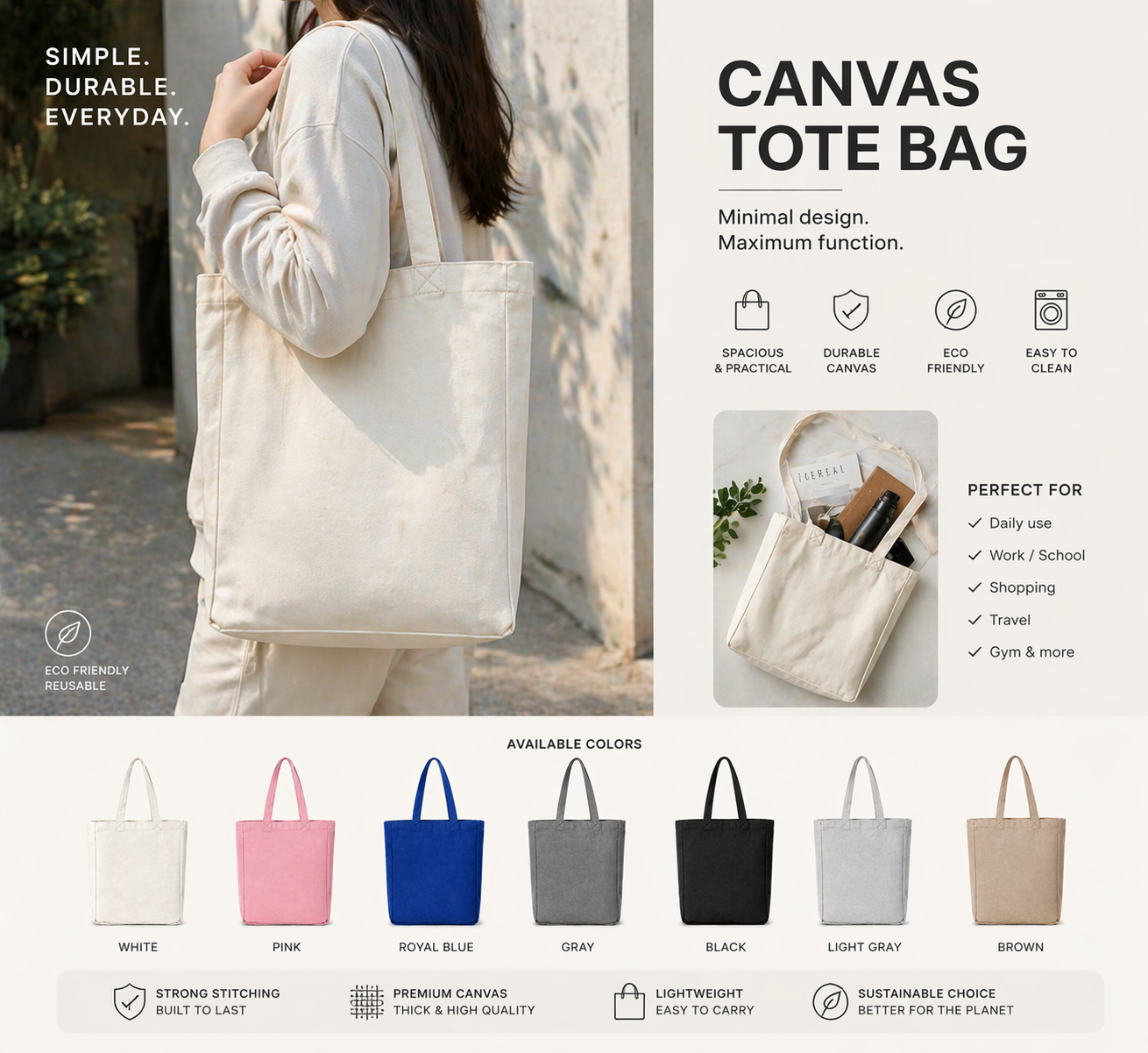 Premium Canvas Tote Bag – 100% Cotton | توت باج قماش قطني